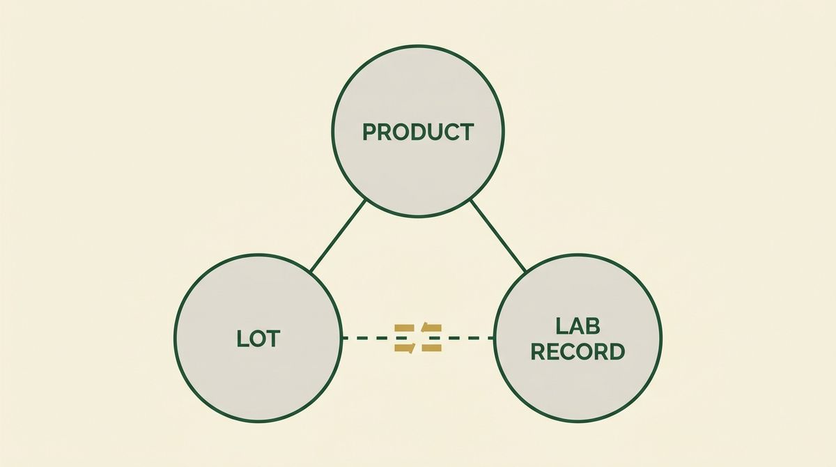 Product, lot and lab record as three linked circles, with the link between lot and lab record broken to mark the evidence gap.