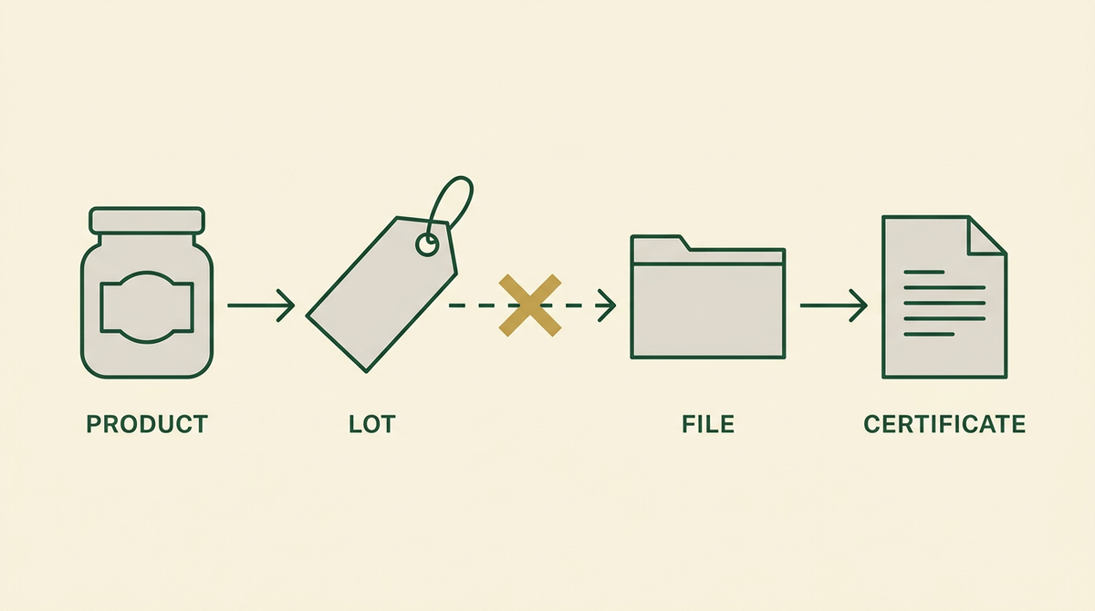 A retrieval chain from product to lot to file to certificate, with the link between lot and file broken to show where retrieval fails.