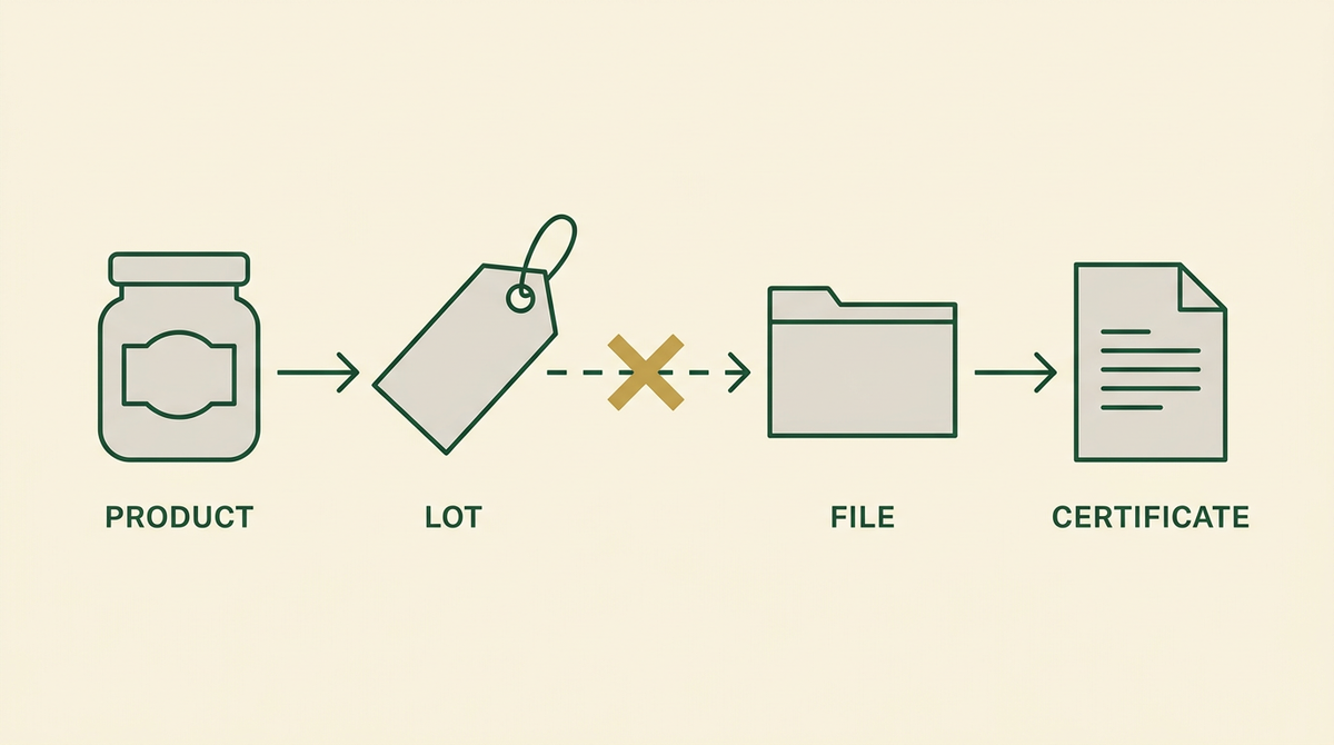 A retrieval chain from product to lot to file to certificate, with the link between lot and file broken to show where retrieval fails.