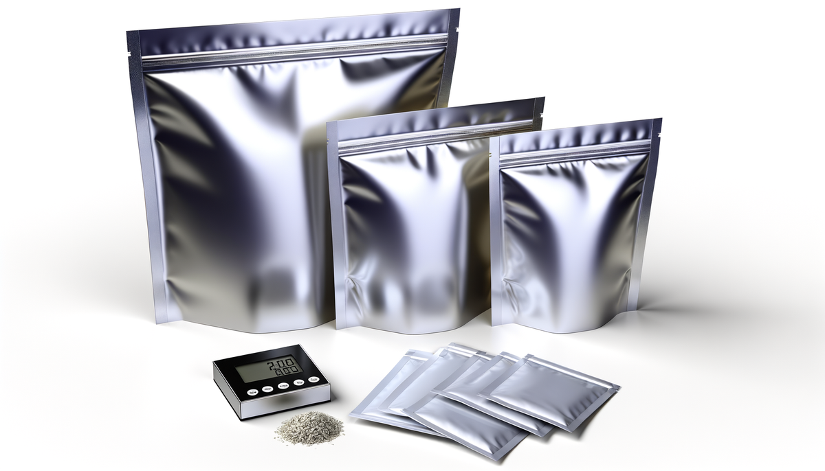 A collection of smell-proof mylar storage bags in various sizes with resealable zip-lock closures and humidity control packs arranged on a clean white surface — the essential multi-layer storage system for preserving hemp product quality.