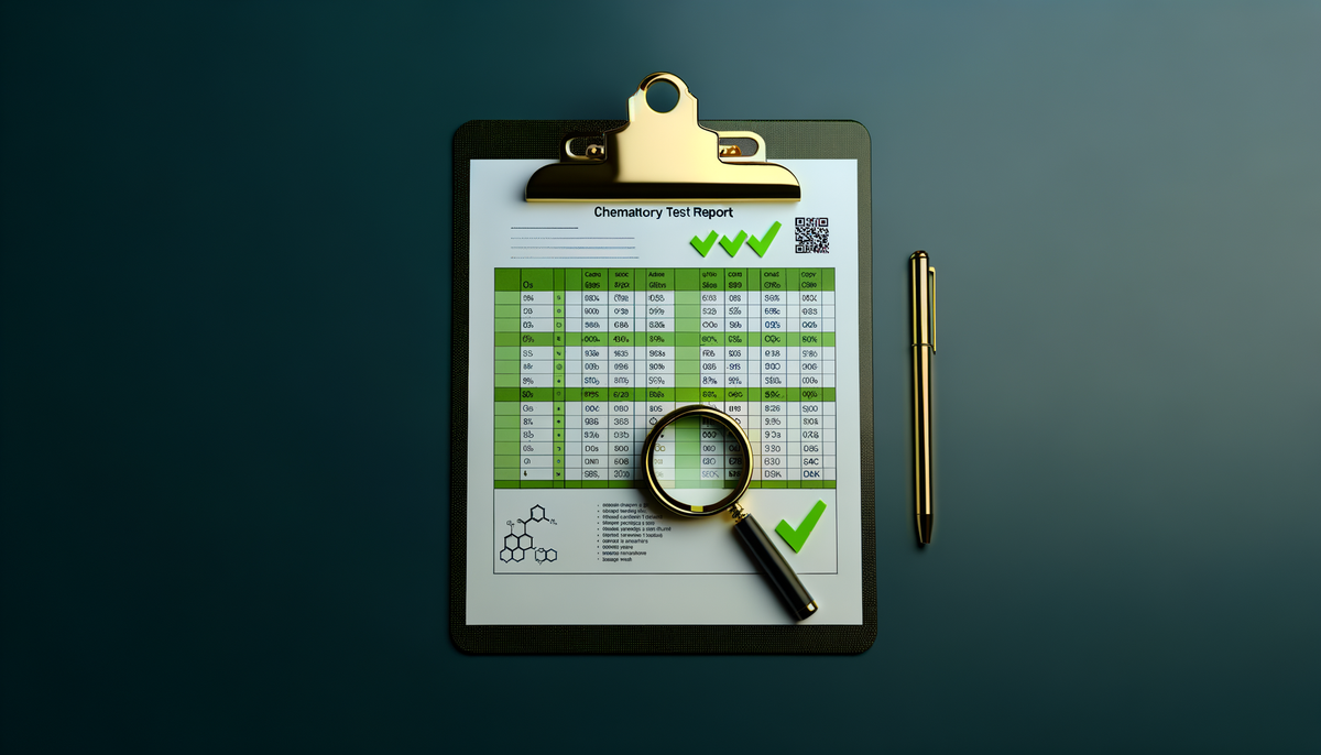 A third-party laboratory test report document showing cannabinoid potency results and contaminant screening with a magnifying glass highlighting the pass/fail indicators — illustrating how to verify hemp product safety through Certificate of Analysis review.