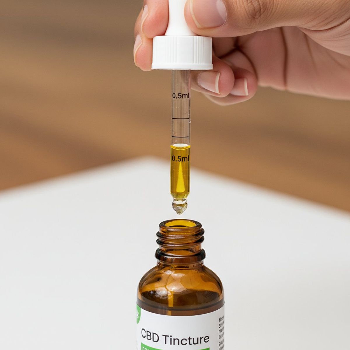 Close-up of hemp tincture dropper held over open amber bottle showing precise measurement markings on glass dropper, with golden-colored hemp oil visible in dropper barrel