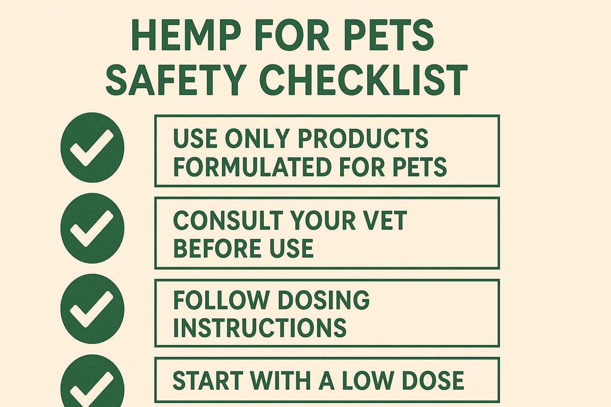 Illustrated checklist for safely choosing hemp products for pets, with icons for vet, label, and lab testing”