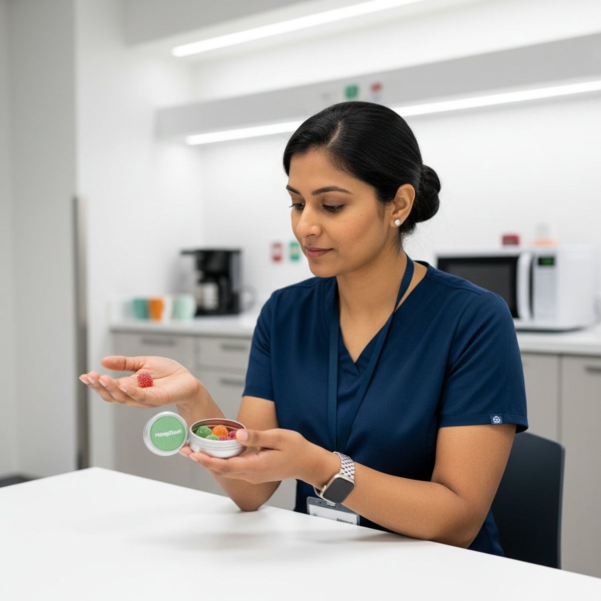 Professional woman in scrubs placing colorful hemp gummy from small portable container into palm of hand in clean modern break room setting