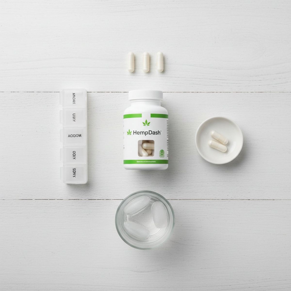 Flat lay grid showing hemp capsule bottle surrounded by organized array of individual white gel capsules, daily pill organizer, and glass of water on white wooden table