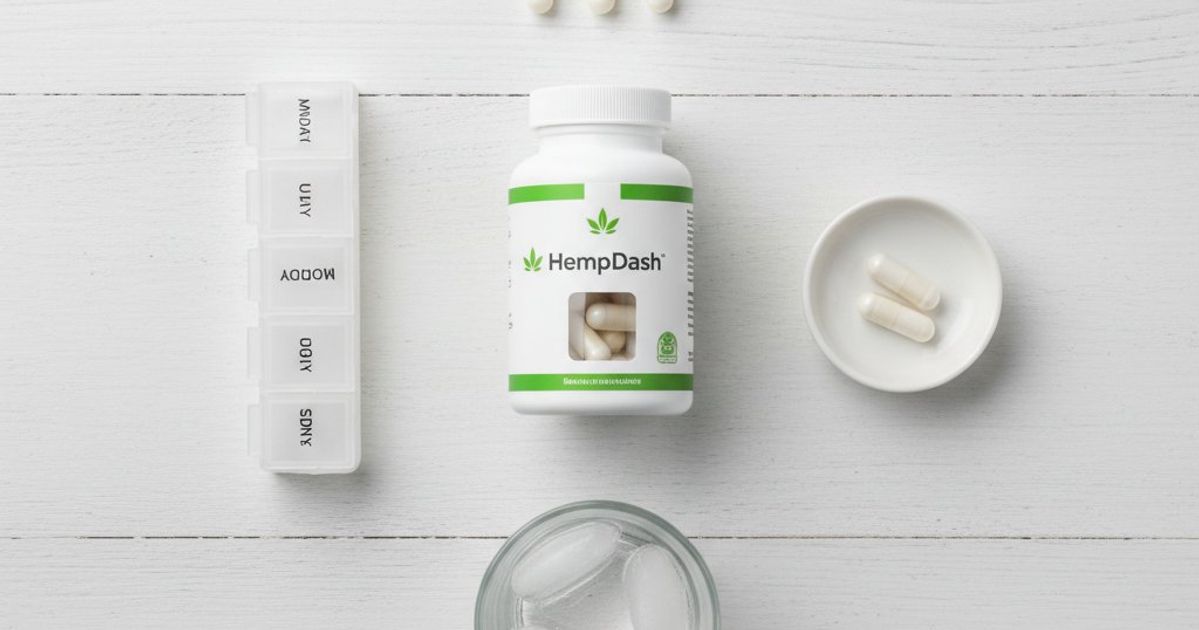 Flat lay grid showing hemp capsule bottle surrounded by organized array of individual white gel capsules, daily pill organizer, and glass of water on white wooden table