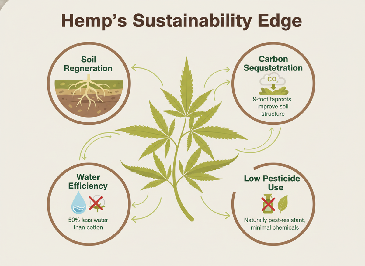 Infographic illustrating hemp plant sustainability benefits including soil regeneration, carbon sequestration, and water efficiency
