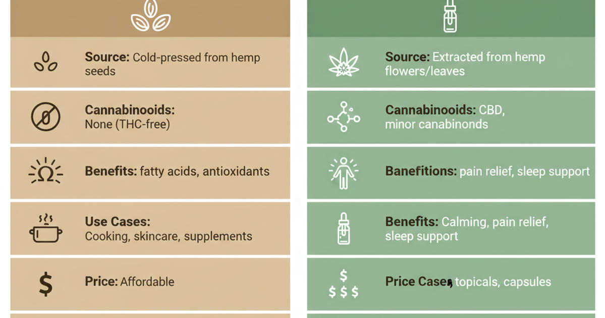 Visual comparison table showing hemp seed oil versus CBD oil across attributes like source, benefits, price, and use cases
