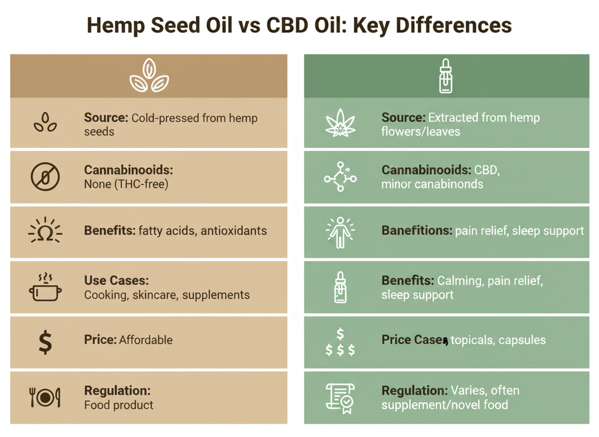 Visual comparison table showing hemp seed oil versus CBD oil across attributes like source, benefits, price, and use cases