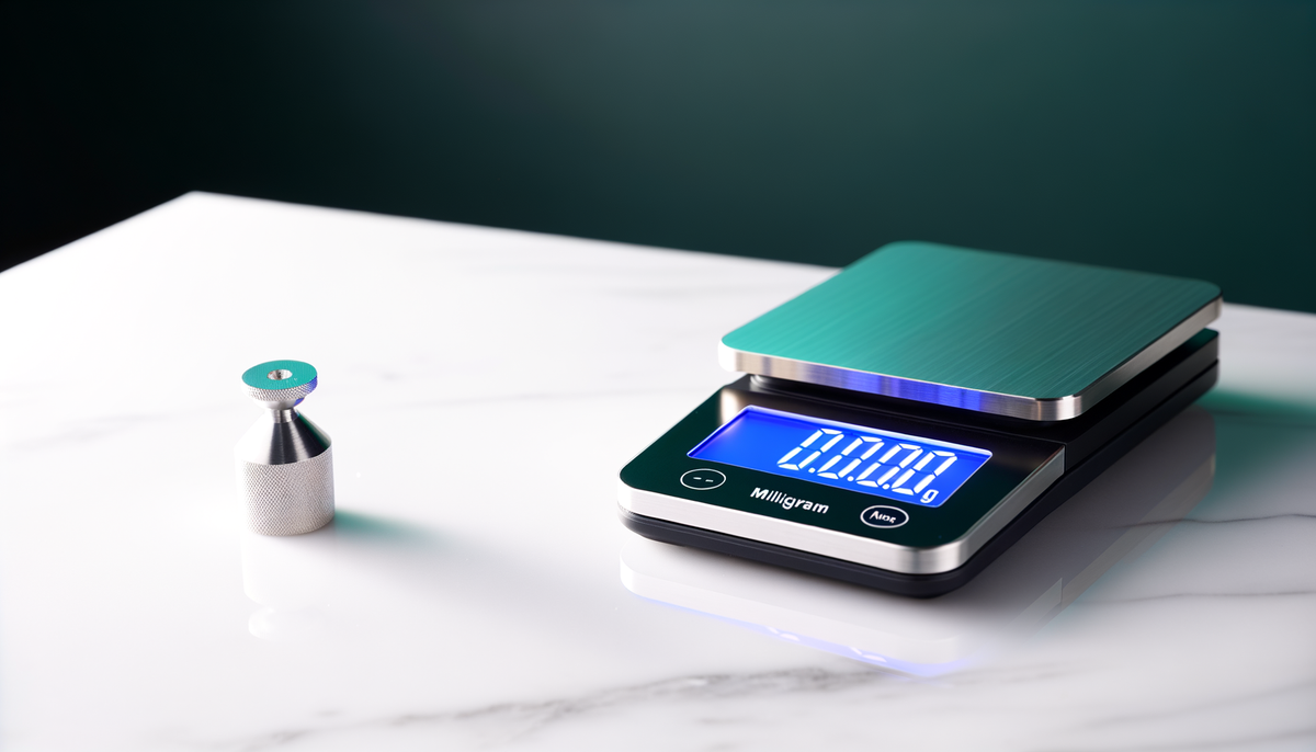 A precision digital milligram scale displaying 0.001g resolution with calibration weight, protective cover, and tweezers on a clean surface — the essential dosing tool for accurate hemp product measurement.