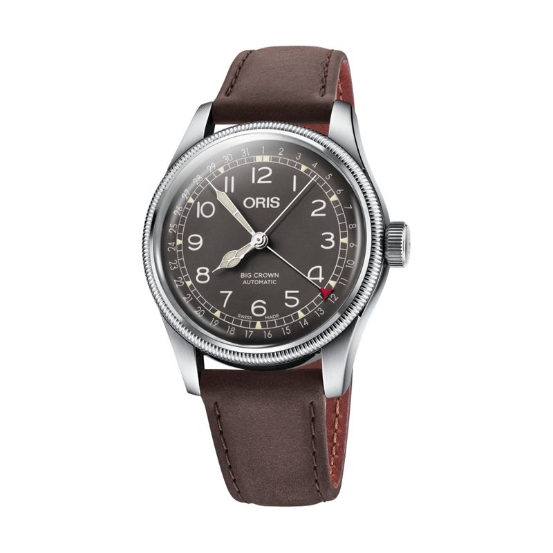 Big Crown Pointer Date Steel Black Dial Dark Brown Strap