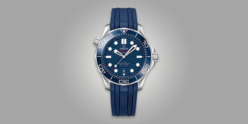 Omega Seamaster 300m diver's watch with blue dial and blue rubber strap. 