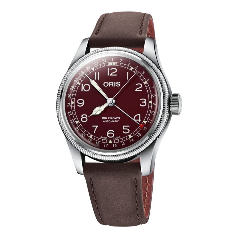 Big Crown Pointer Date Steel Maroon Dial Dark Brown Strap