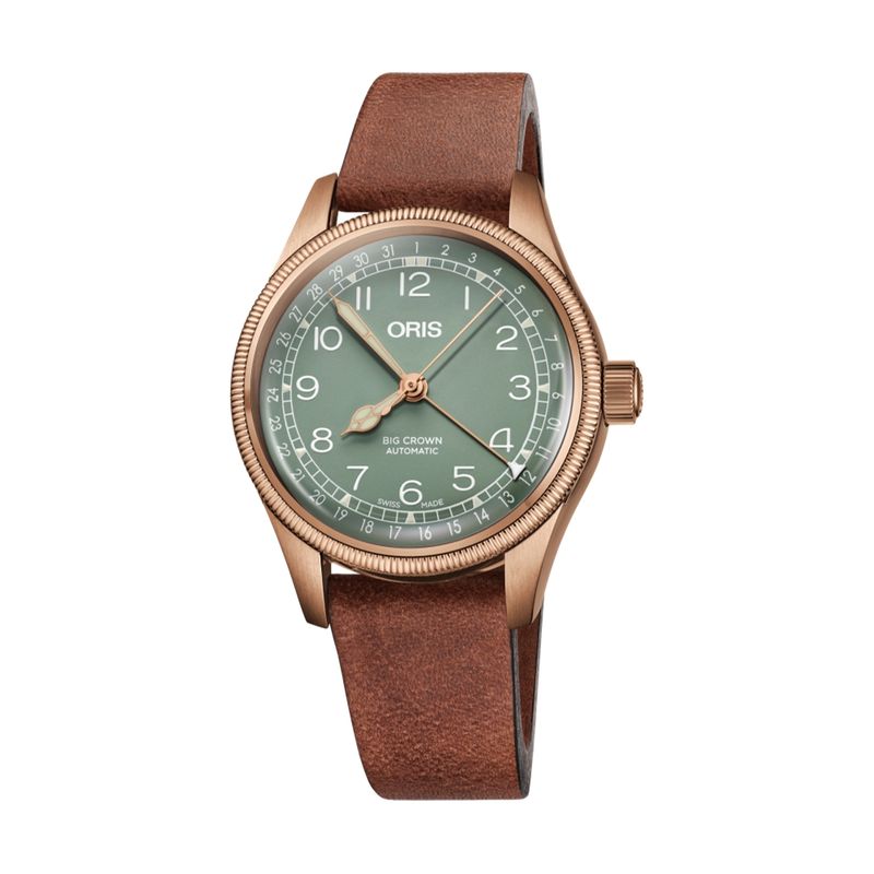 Big Crown Bronze Pointer Date Green Dial Brown Strap