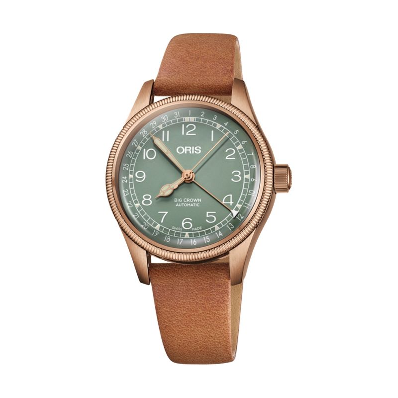 Big Crown Bronze Pointer Date Green Dial Tan Strap