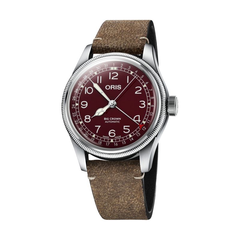 Big Crown Pointer Date Steel Maroon Dial Brown Strap