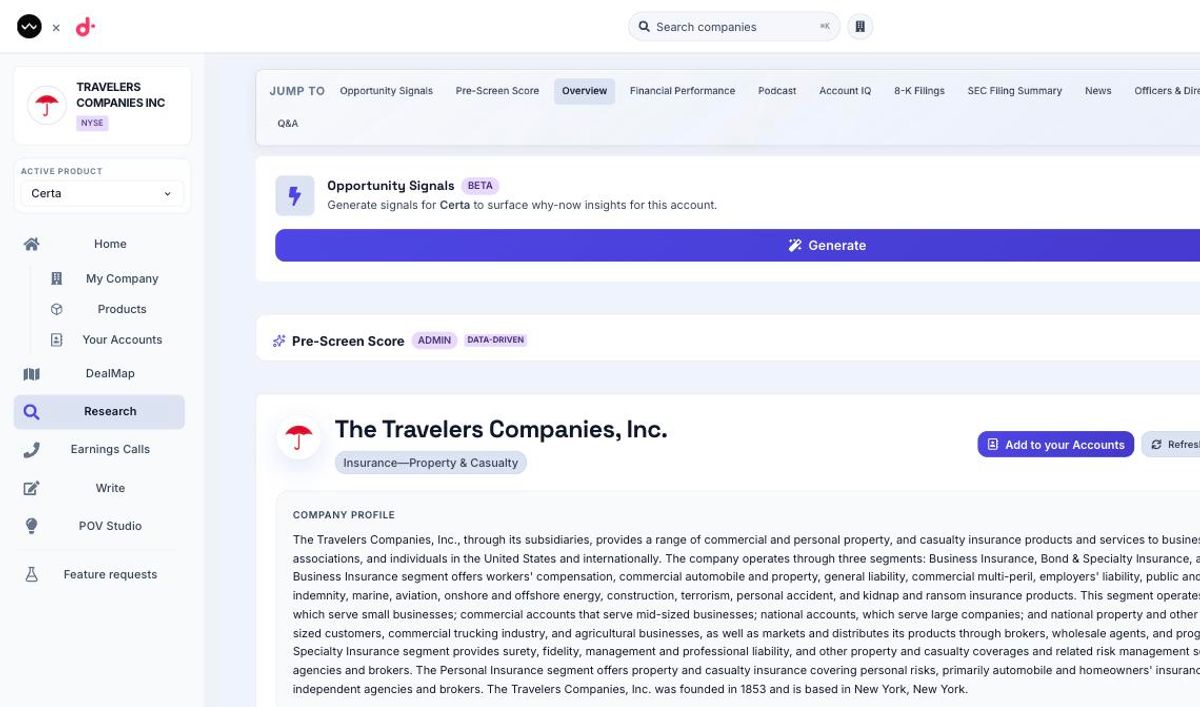 The Research view, showing the jump-to tabs across the top and a company profile with key facts below.
