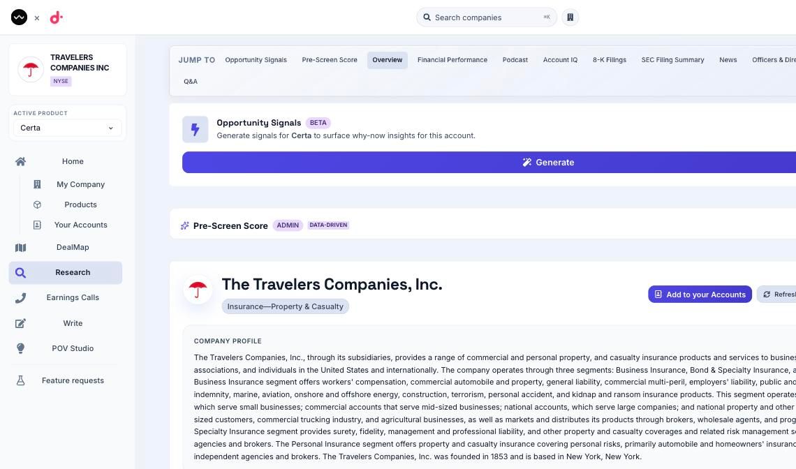 The Research view, showing the jump-to tabs across the top and a company profile with key facts below.