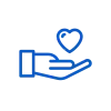 Icon of a hand holding a hear symbol in blue