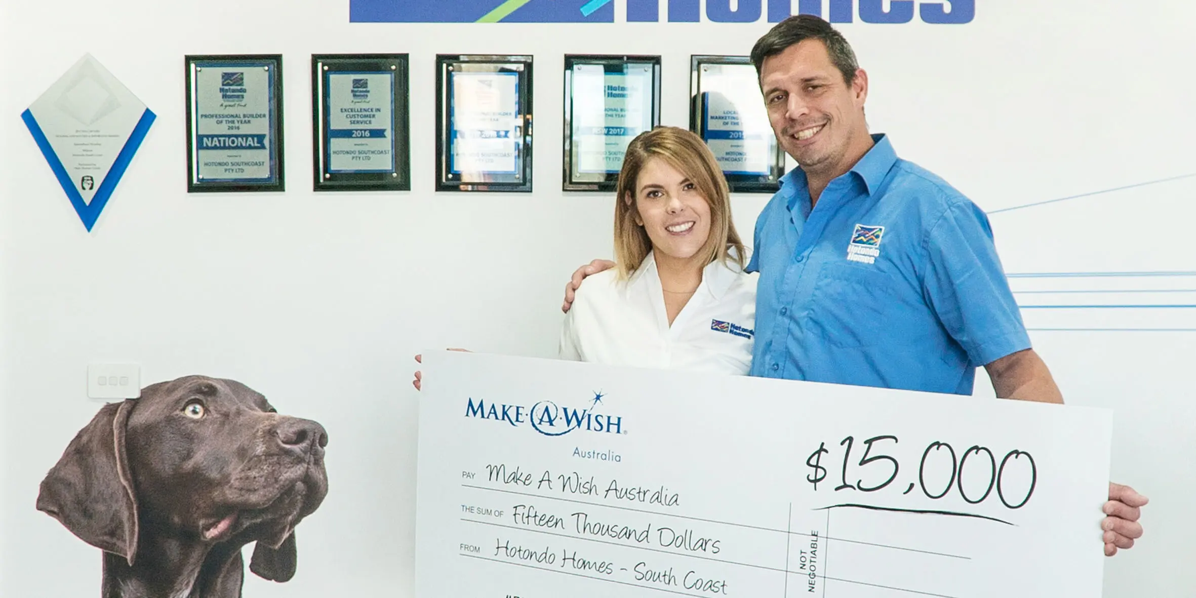 Make A Wish Australia Children's Charity, Hotondo Homes business partner with checque for $15,000