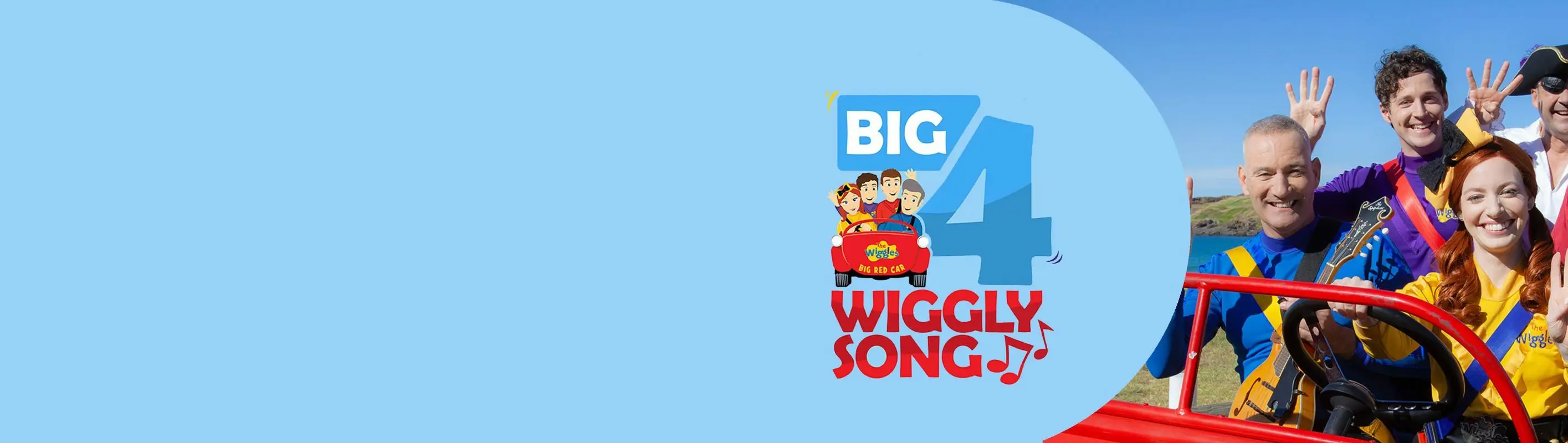 The Wiggles waving and smiling in a red car