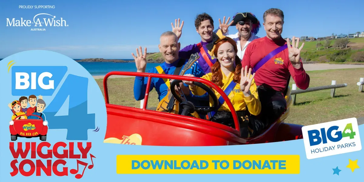 The Wiggles smiling and waving in a red car