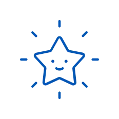 Icon of a smiling and sparkling star in blue