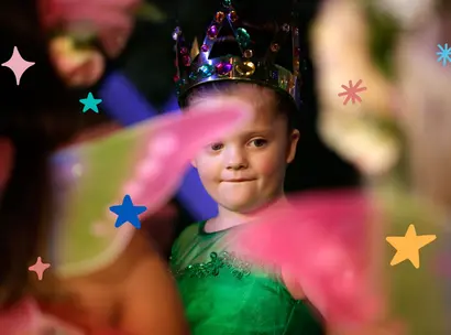 Regular Giving to charity banner with wish kid at party