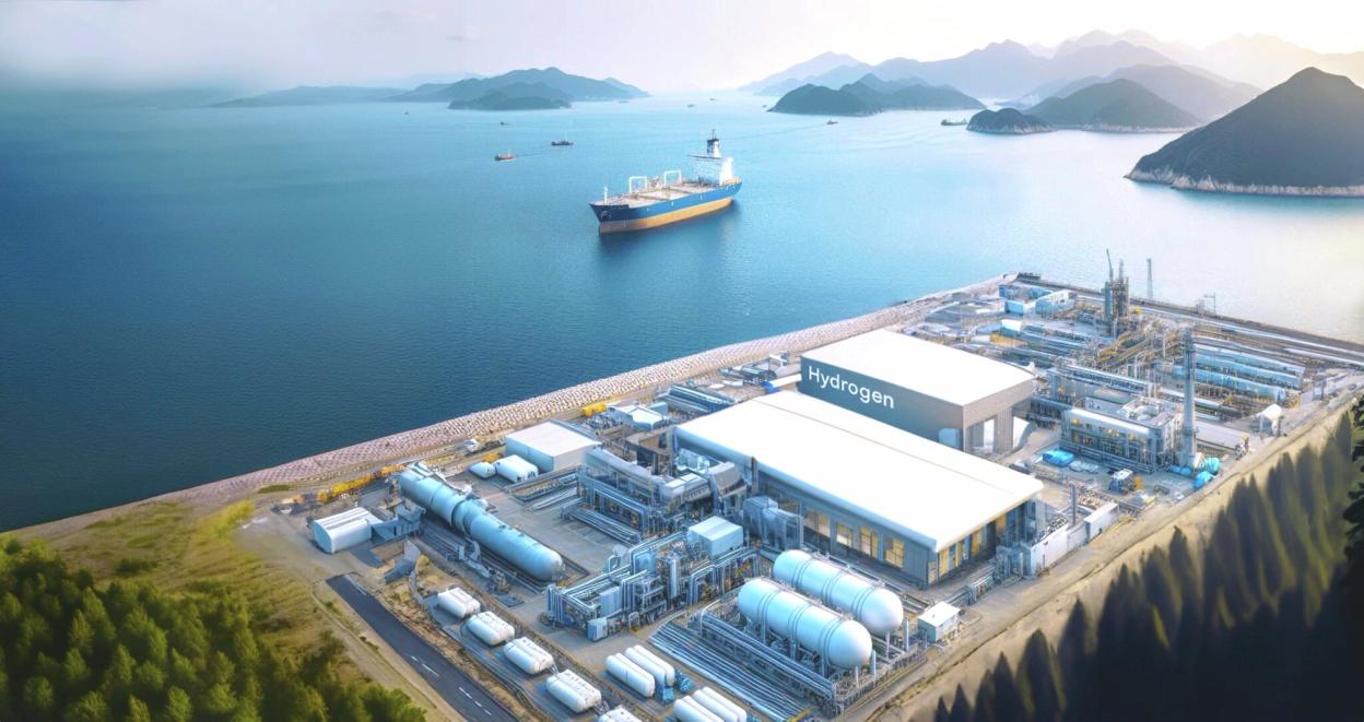 AI-illustrasjon av et hydrogenanlegg ved sjøen