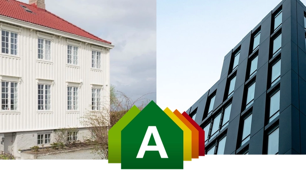 Eksteriøret til et privathus og til et næringsbygg