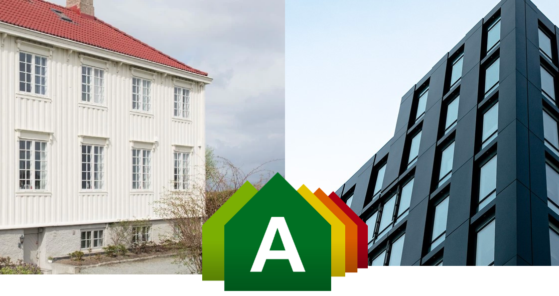 Eksteriøret til et privathus og til et næringsbygg