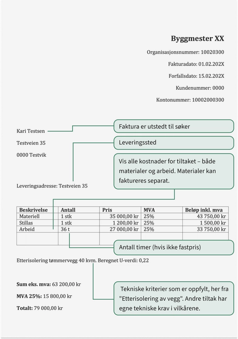 Eksempelfaktura etterisolering vegg