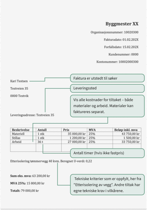 Eksempelfaktura etterisolering vegg