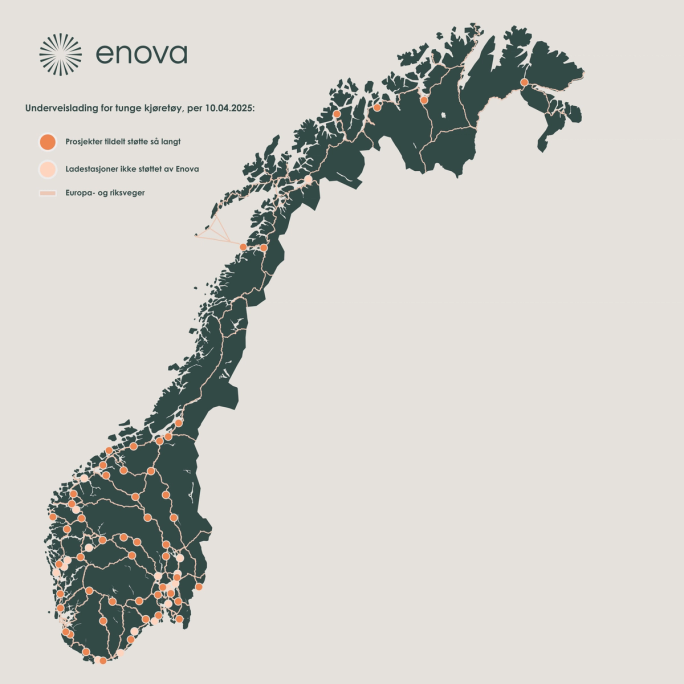 Kart over ladestasjoner med og uten Enova-støtte.