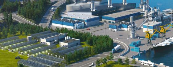 Illustrasjon av et industriområde ved sjøen