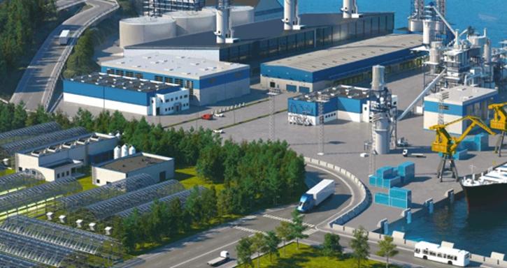 Illustrasjon av et industriområde ved sjøen