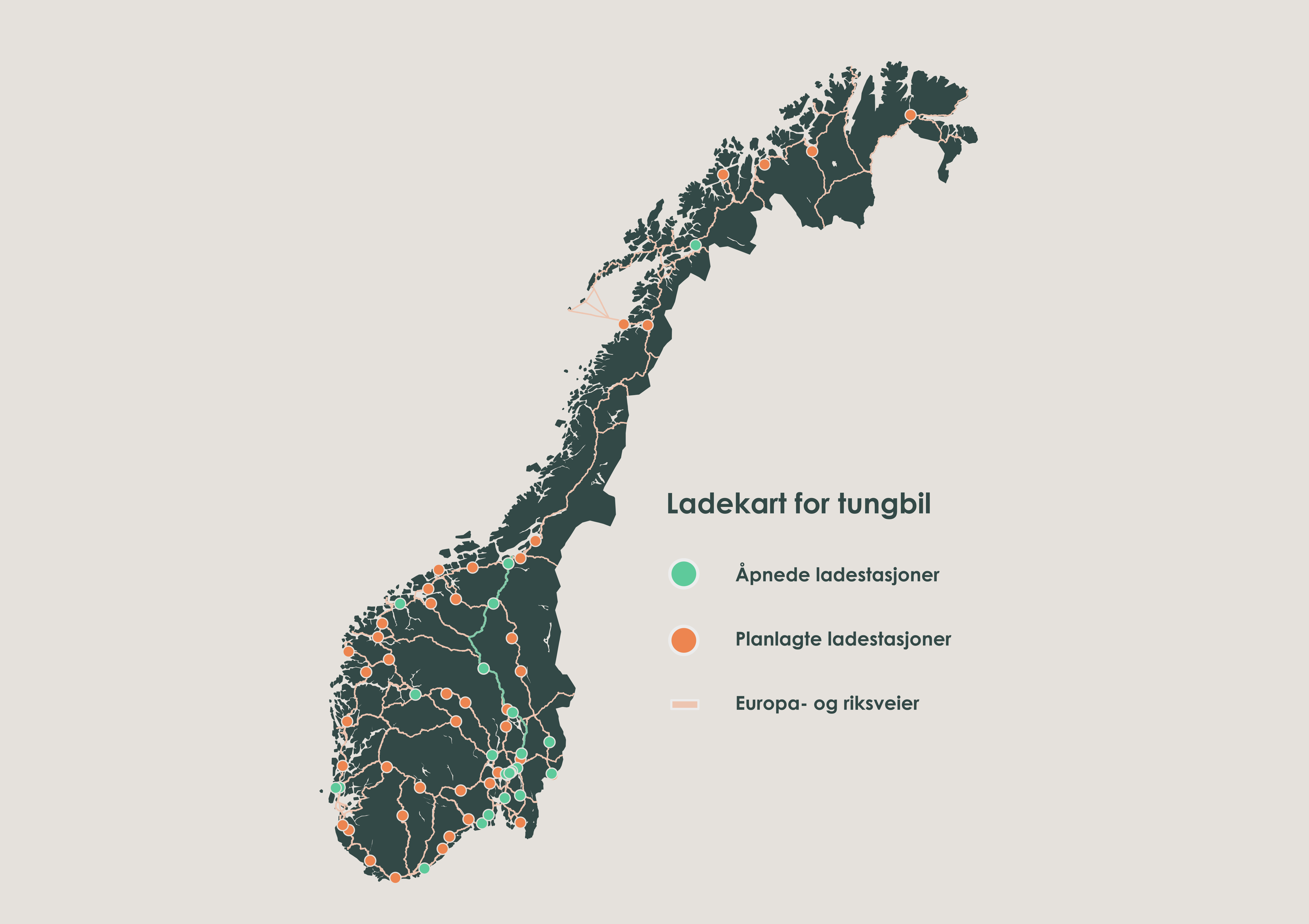 Kart over ladestasjoner for tungbil i Norge.