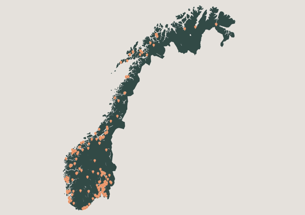Kart som viser støtte til Bedriftslading for tungekjøretøy 2022- 2024
