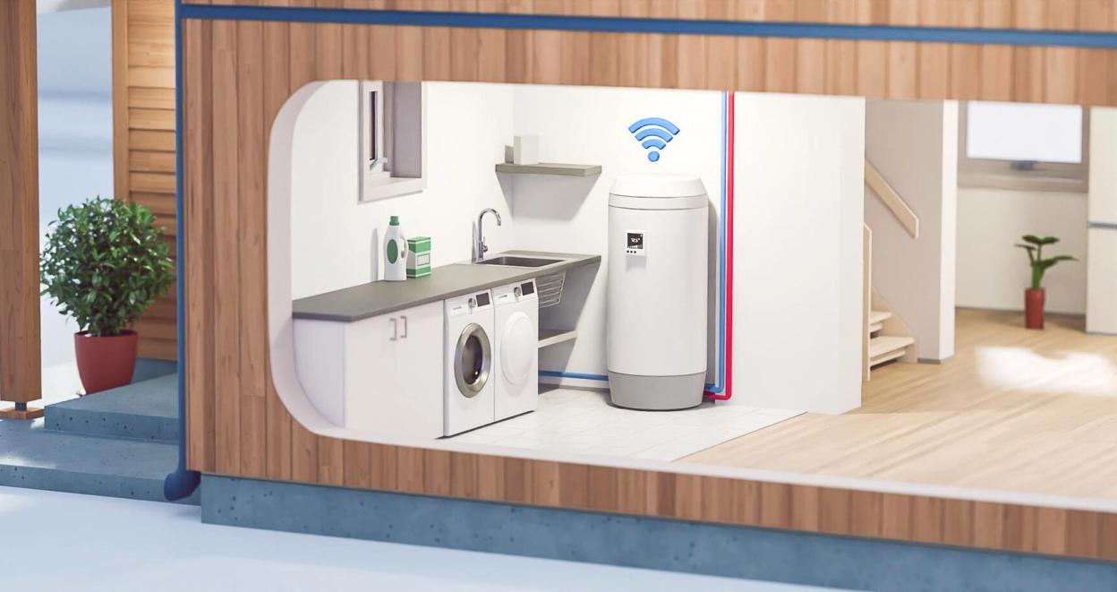 3d-illustrasjon av en smart varmtvannsbereder installert i en privatbolig