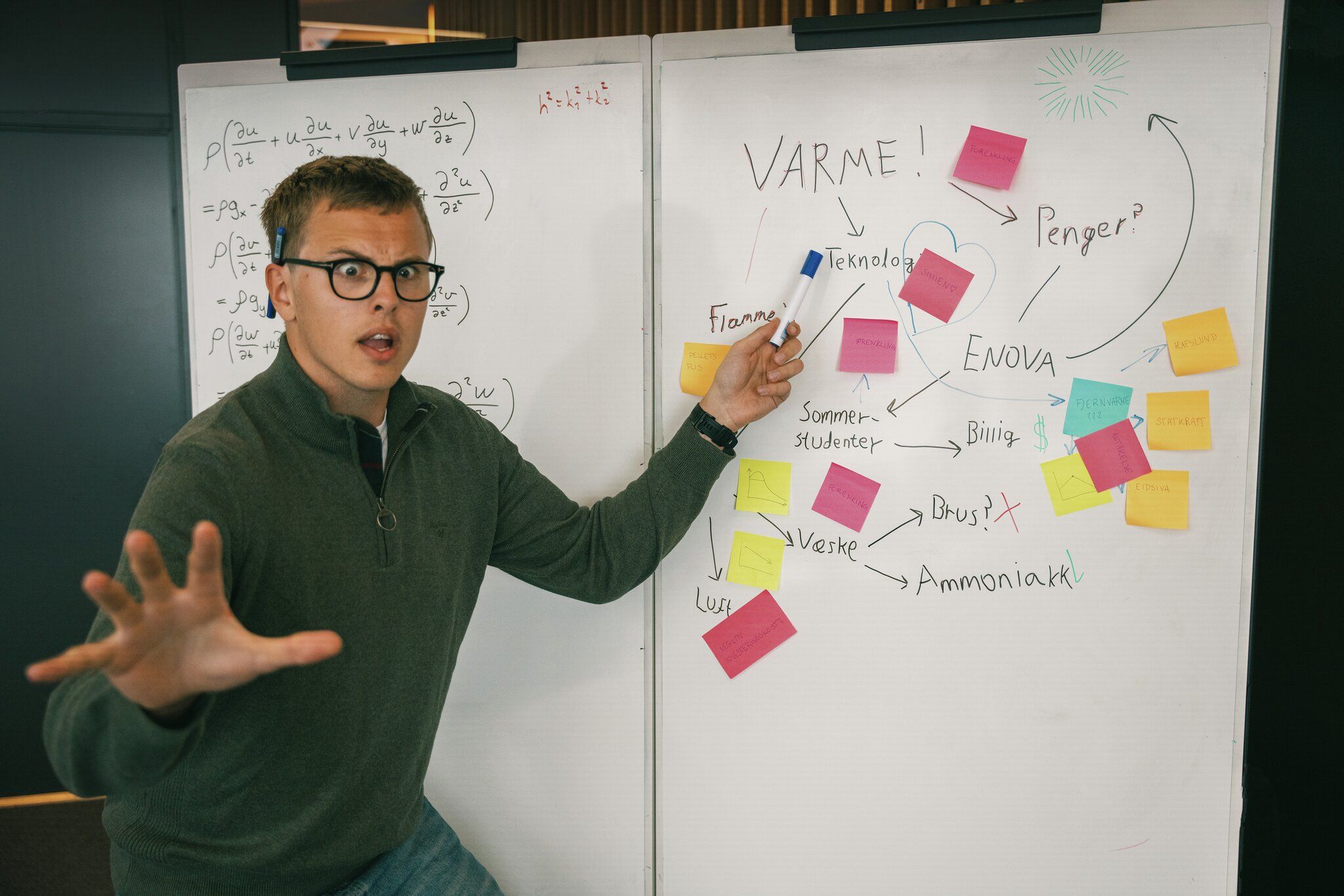 Ung mann foran tavle med flytskjema