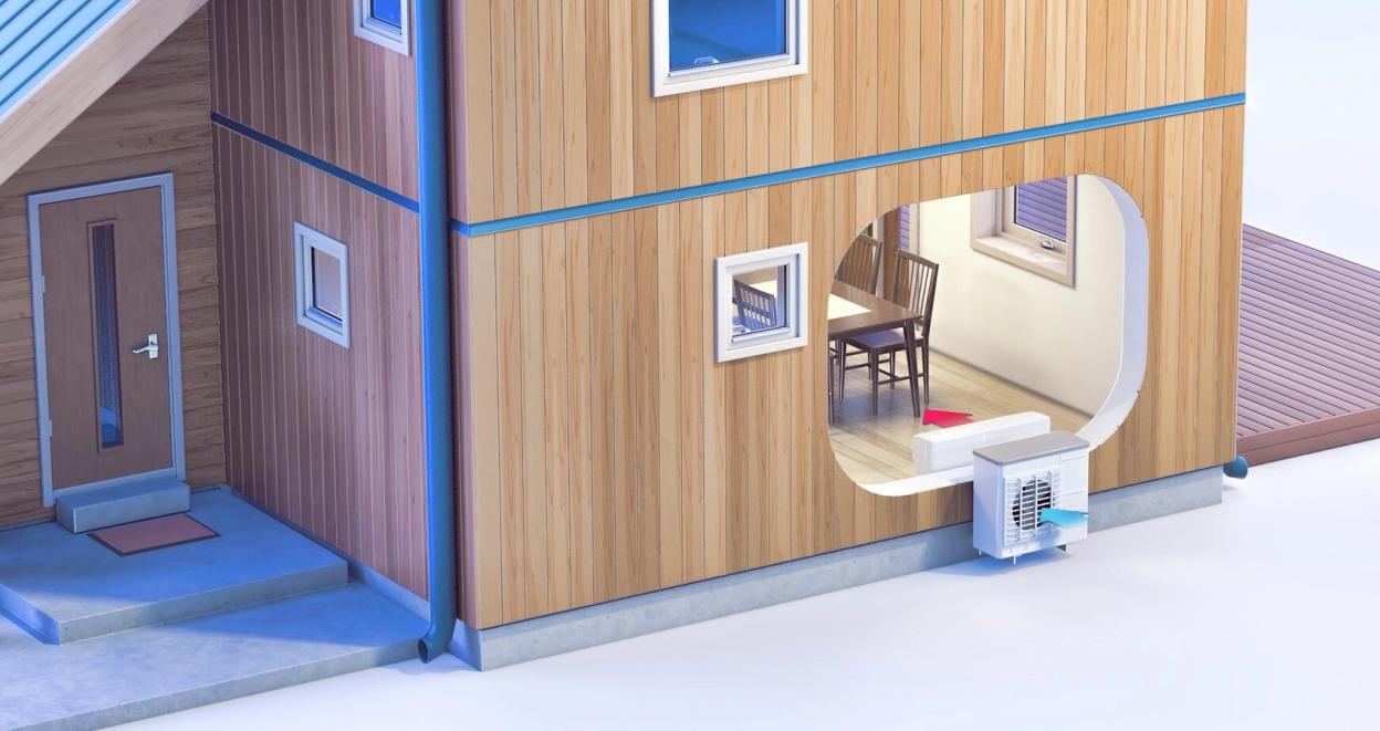 3d-illustrasjon av en privatbolig med installert varmepumpe