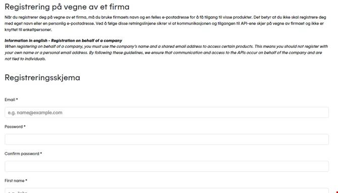 Skjermbilde av registreringskjema