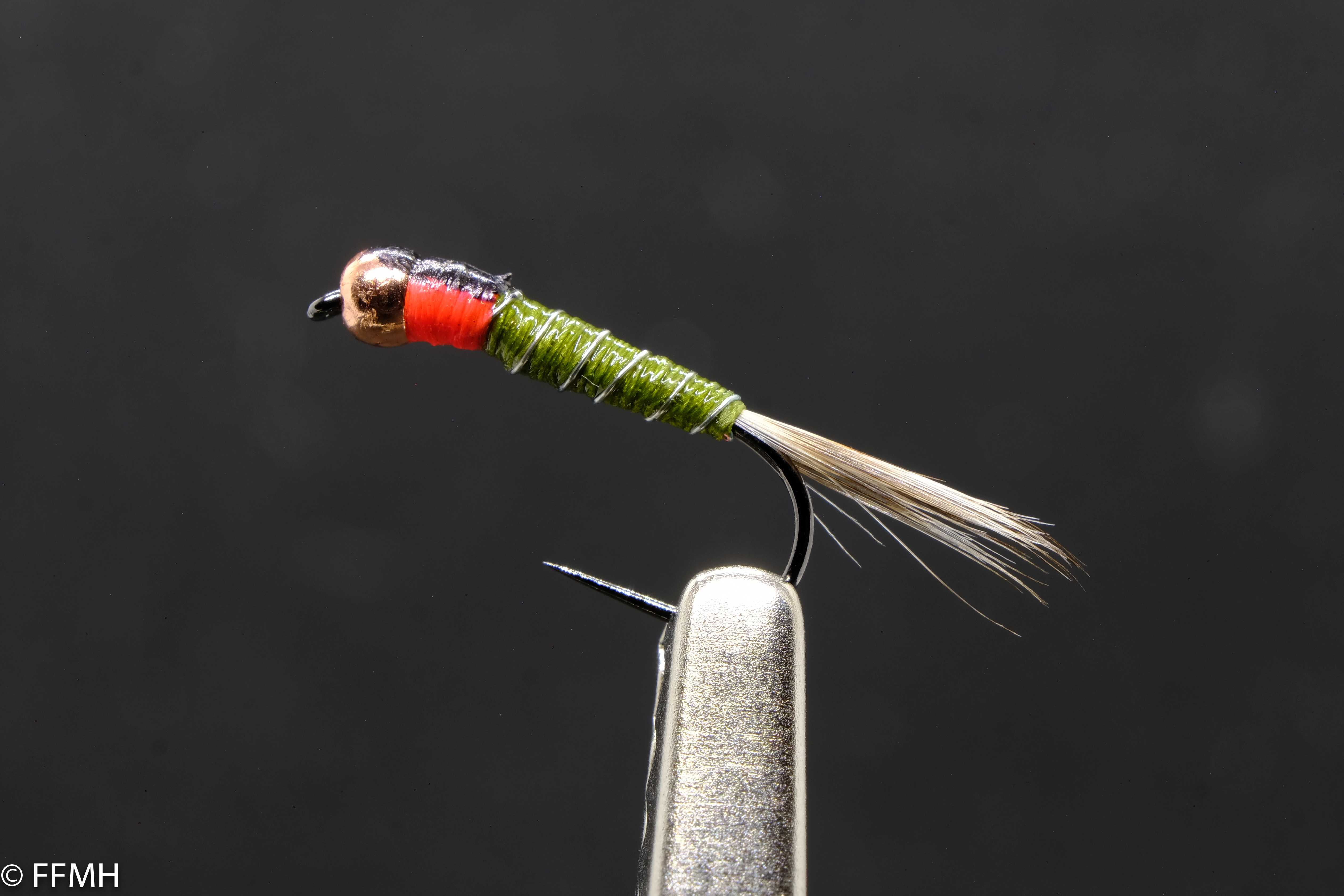 Gold Head Red Point Wripped Green Body – handgebundene Nymphe mit Goldkopf, rotem Akzent und segmentiertem grünen Körper, naturgetreuer Köder für präzises Fliegenfischen