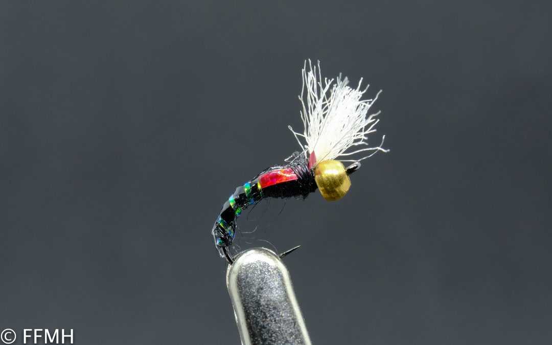 3D Epoxy Bead Head – schlanke, handgebundene Nymphe mit glänzendem Epoxidkörper, goldfarbenem Kopf und weißem Flügel, ideal für klare Gewässer und selektive Forellen