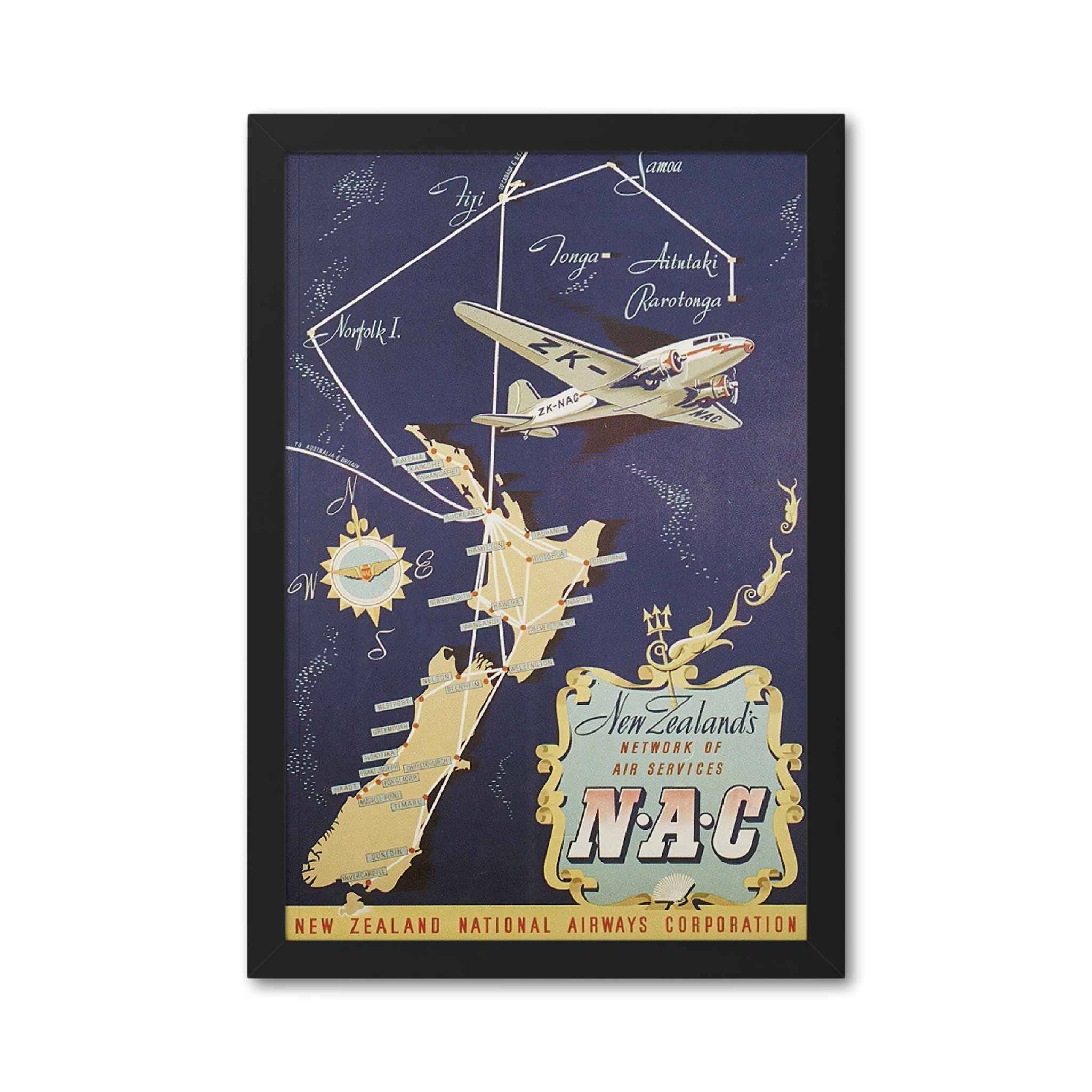 Vintage New Zealand Air travel Poster Print - Retro Airline Wall Art - National Airways Corporation Travel Decor