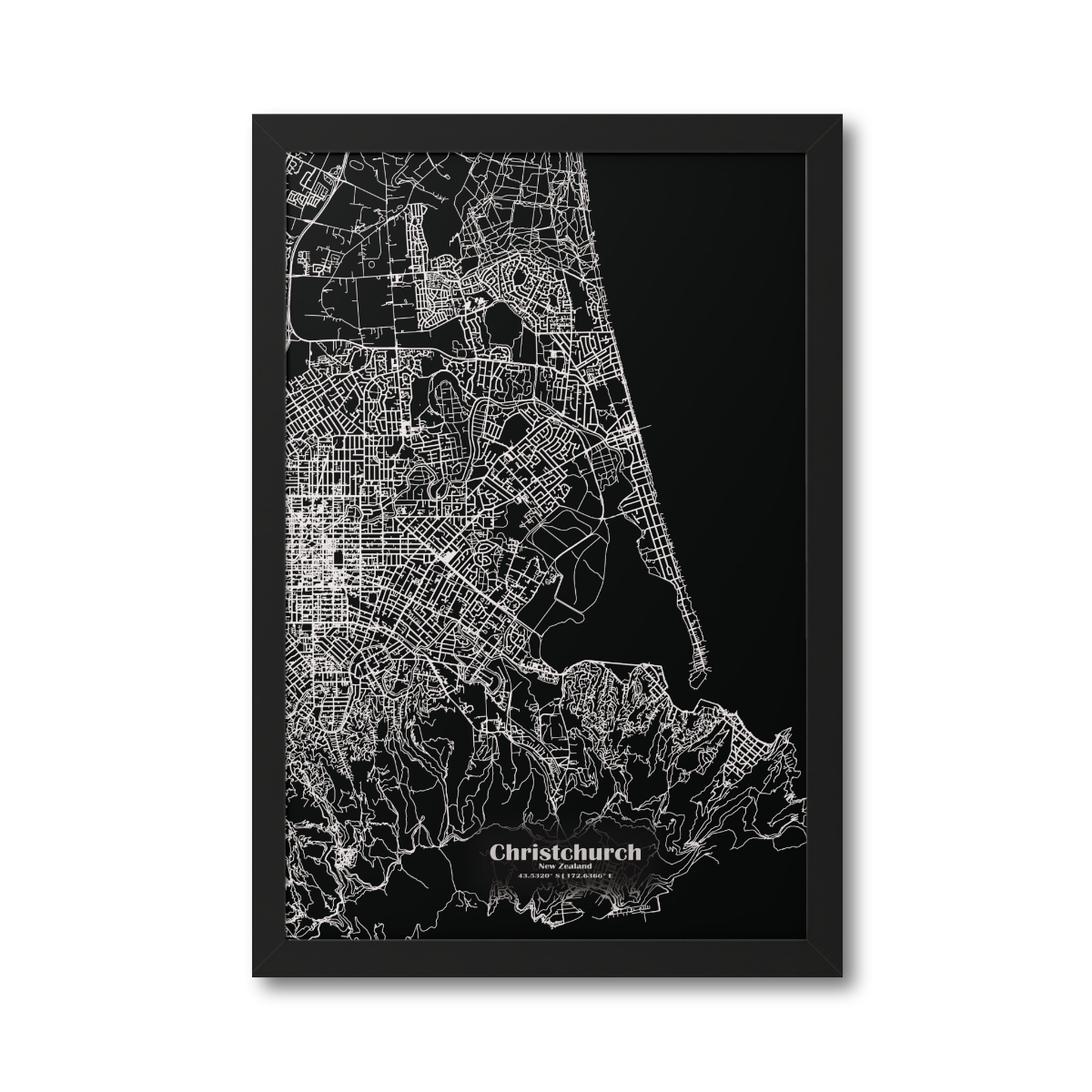 Christchurch New Zealand Map - Framed Print - white on black
