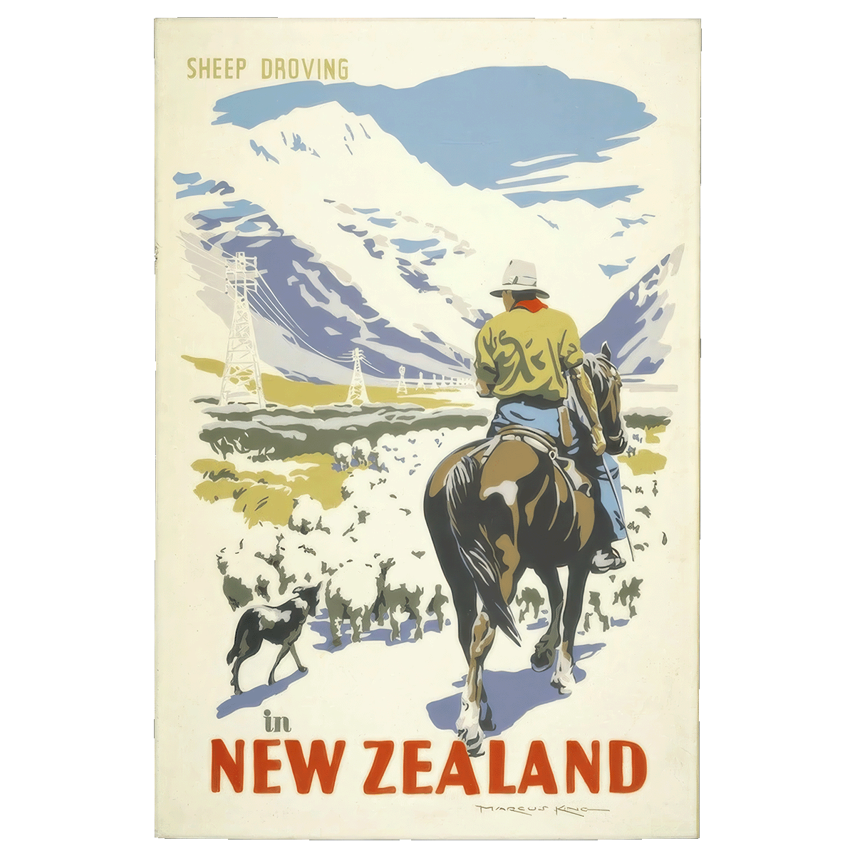 Vintage New Zealand Travel Wall Art, Sheep droving, Retro Decor