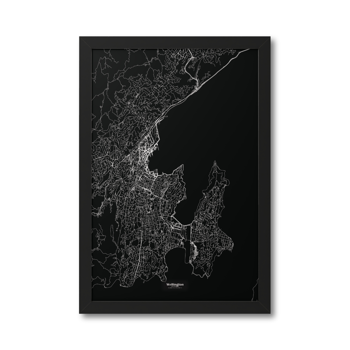 Wellington New Zealand Map - Framed Print - white on black