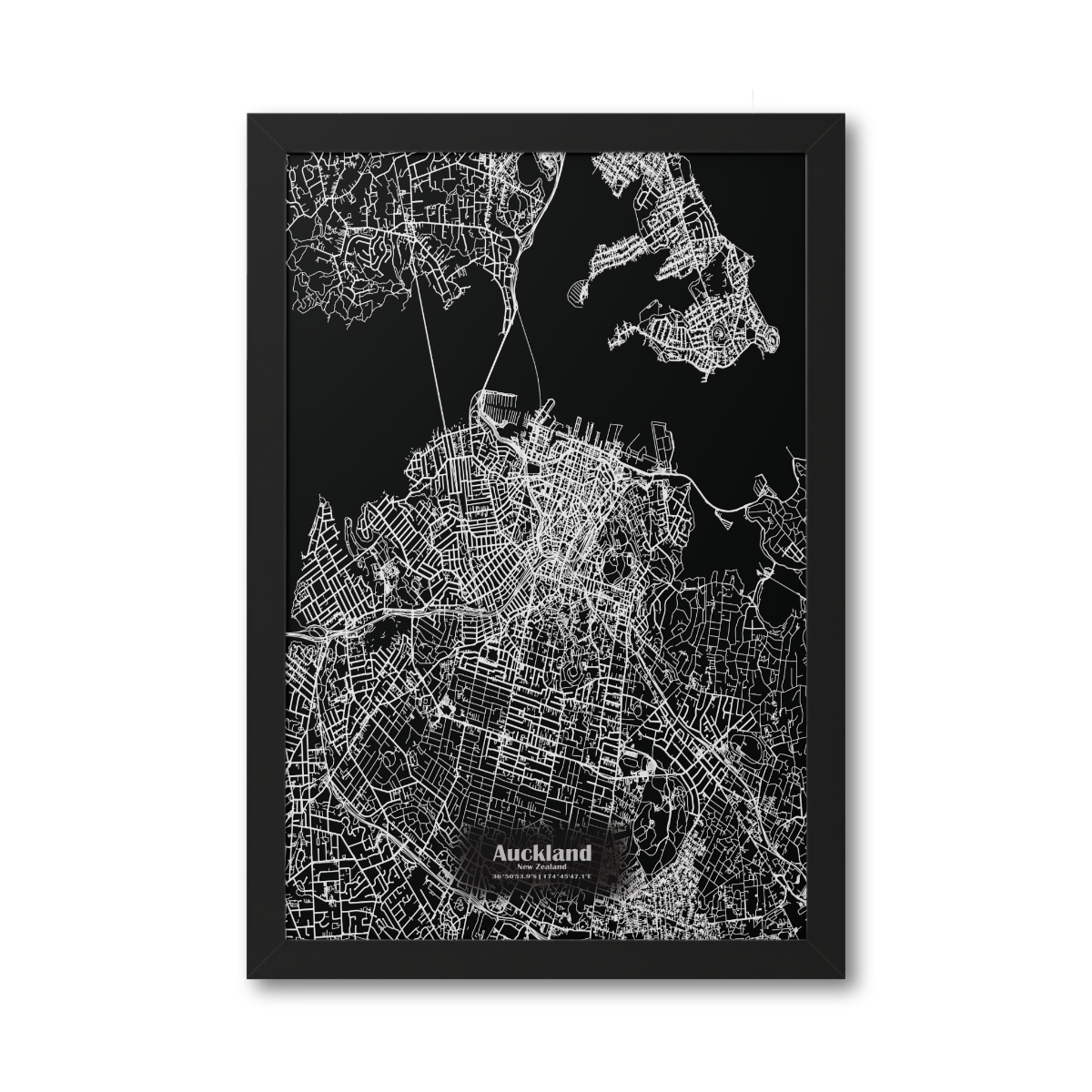 Auckland New Zealand Map - Framed Print - white on black