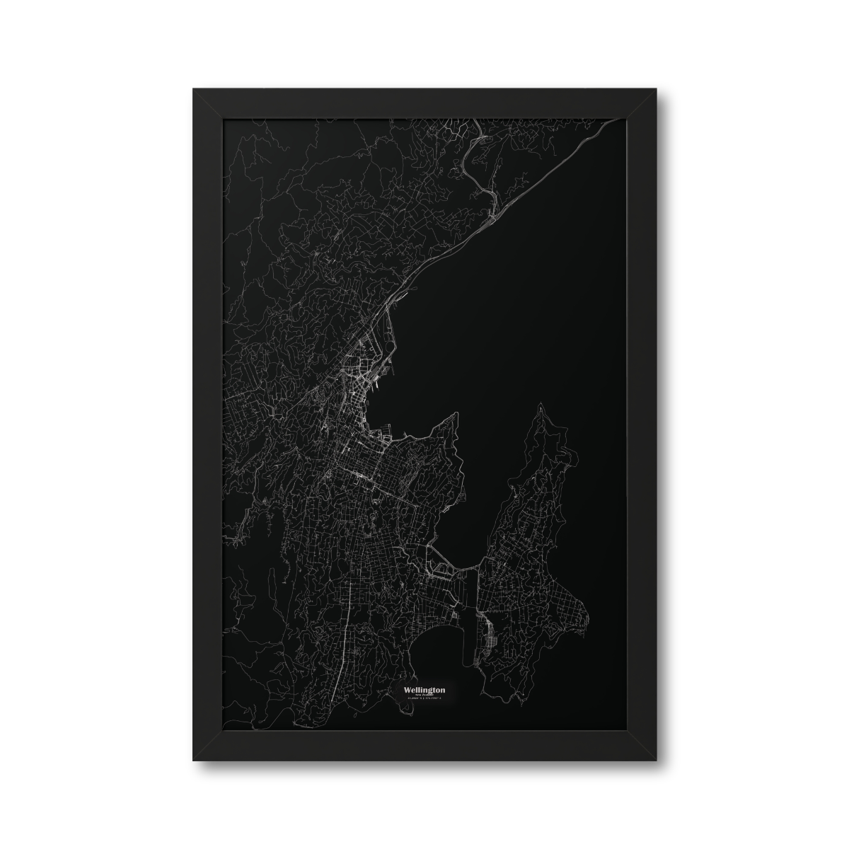 Wellington New Zealand Map - Framed Print - white on black